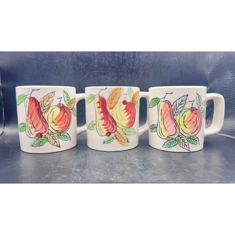 Coffee Mugs Set of 3 Vintage MCM Japan Fruit Pear Peach 3.25" Tall Ceramic